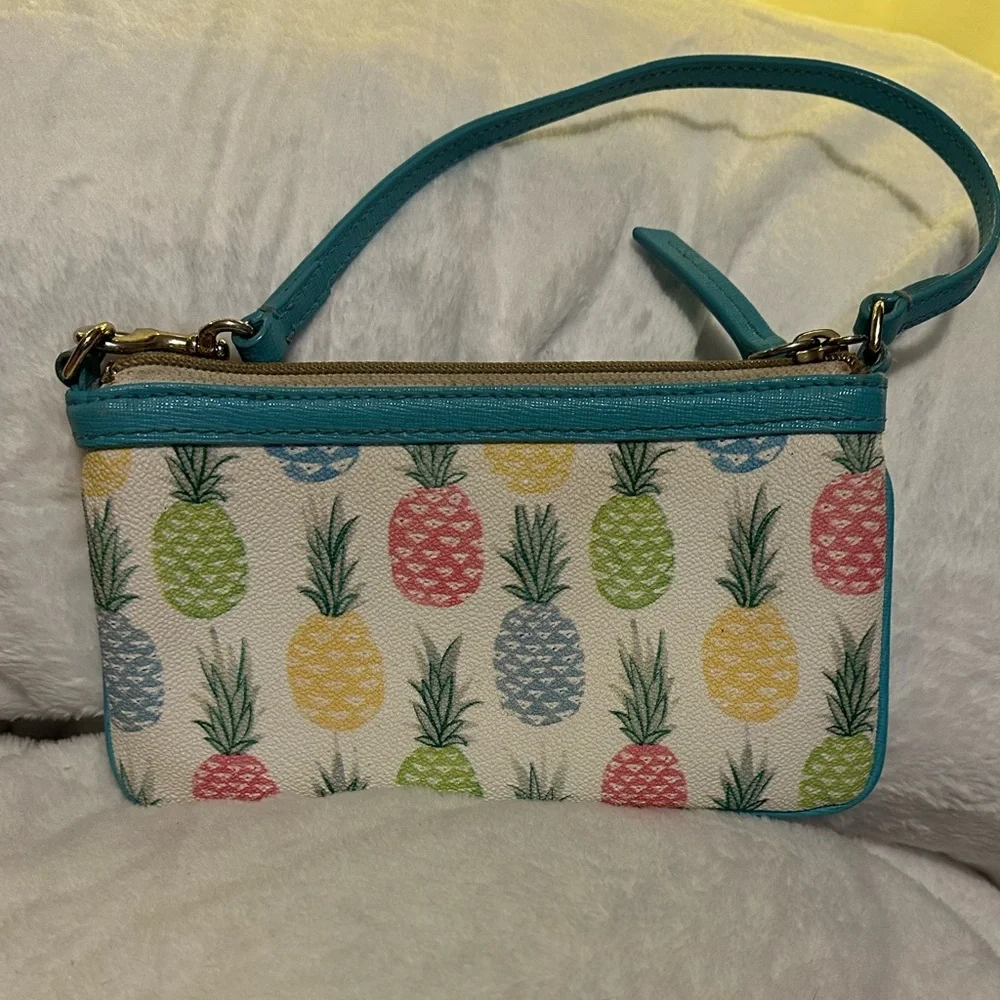 Dooney & Bourke Multicolor Pineapple Print Wristlet with Turquoise Trim